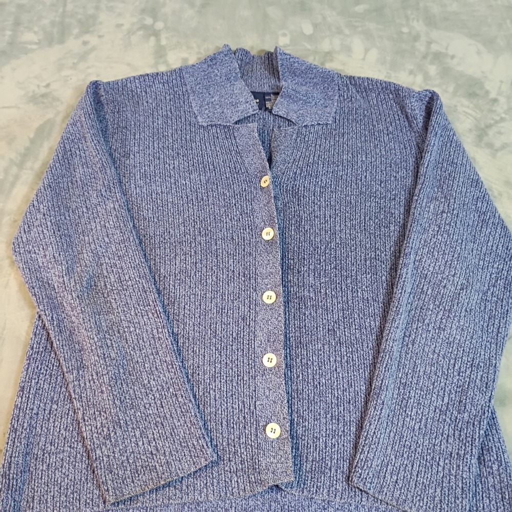 Liz Claiborne Liz Sport Blue Marl Cotton Knit Button Front Cardigan Sweater L